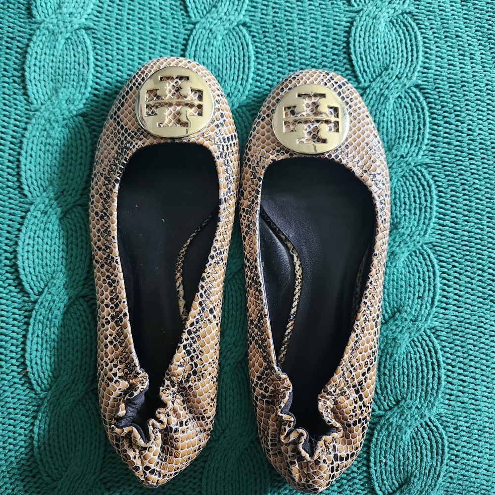 Tory Burch Brown Snake Print Ballet Flats